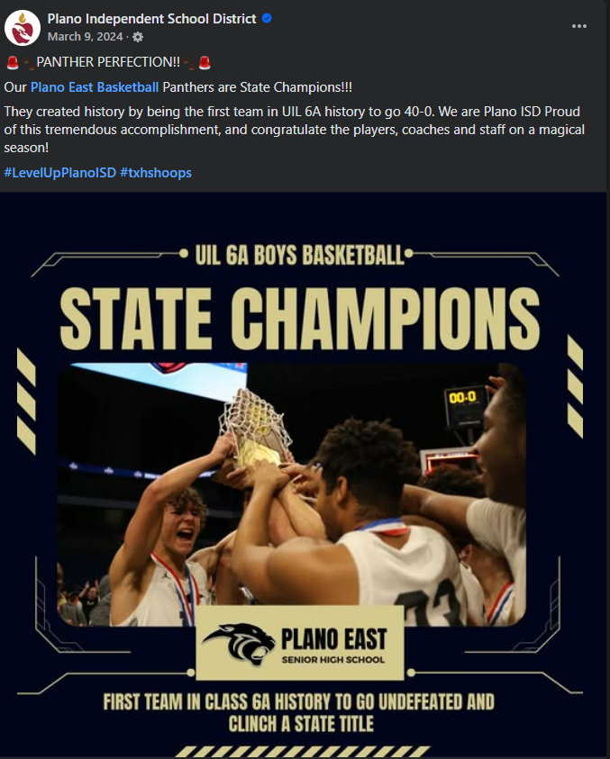 image of social media post for plano east state championship